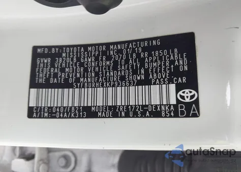 2019 Toyota Corolla Le из США, поврежденный, VIN 5YFBURHEXKP936637